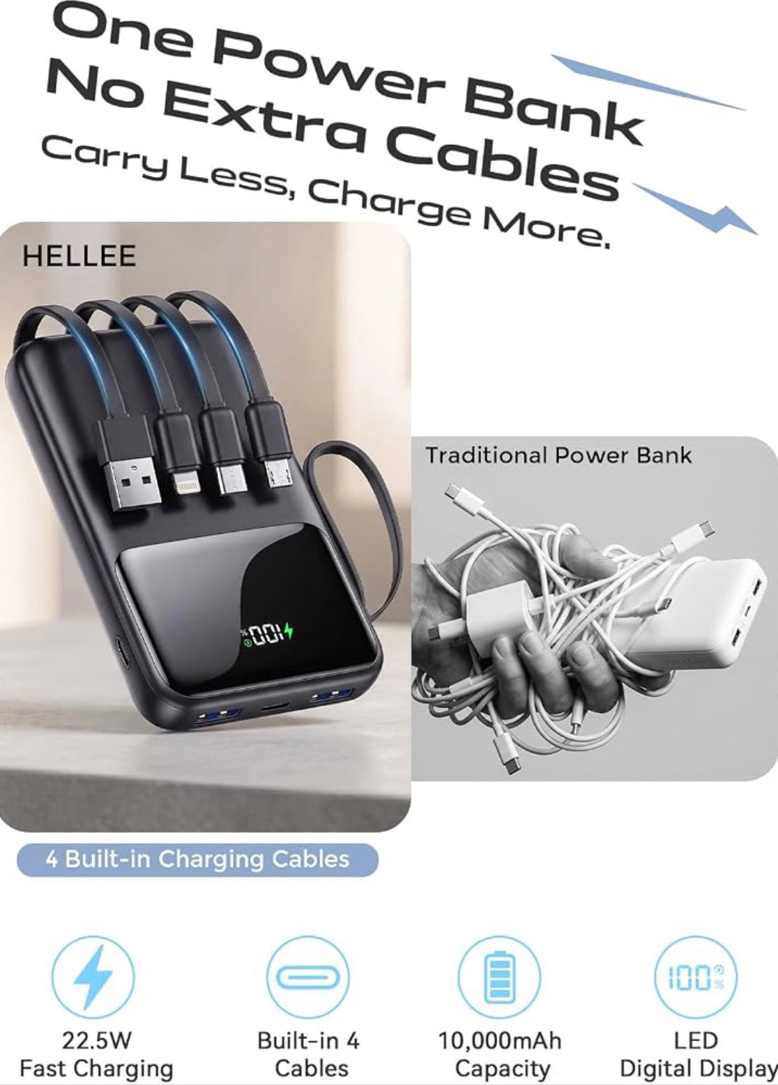 Mini Power Bank with Built-in Cables – 10,000mAh