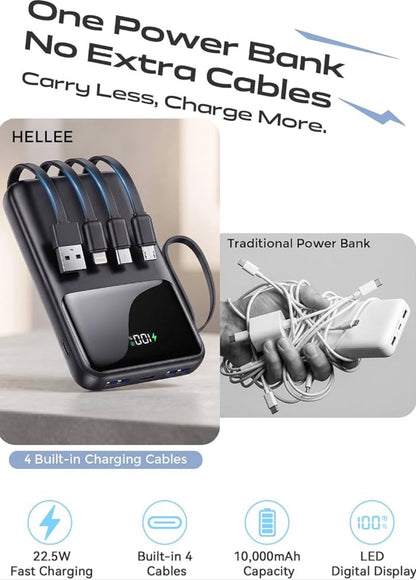 Mini Power Bank with Built-in Cables – 10,000mAh