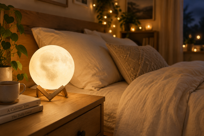 Starry Moon Lamp glowing on a wooden bedside table in a cosy bedroom
